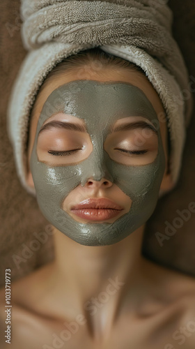 woman relaxes with grey clay mask on her face, wrapped in towel in spa