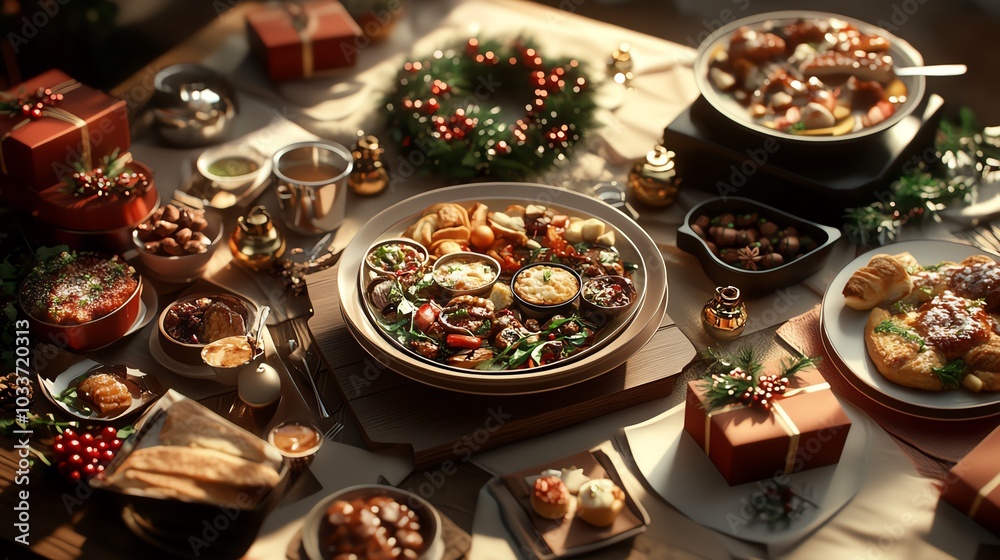 A festive Christmas table setting with a variety of dishes and decorations. A festive Christmas table setting with a variety of dishes and decorations.