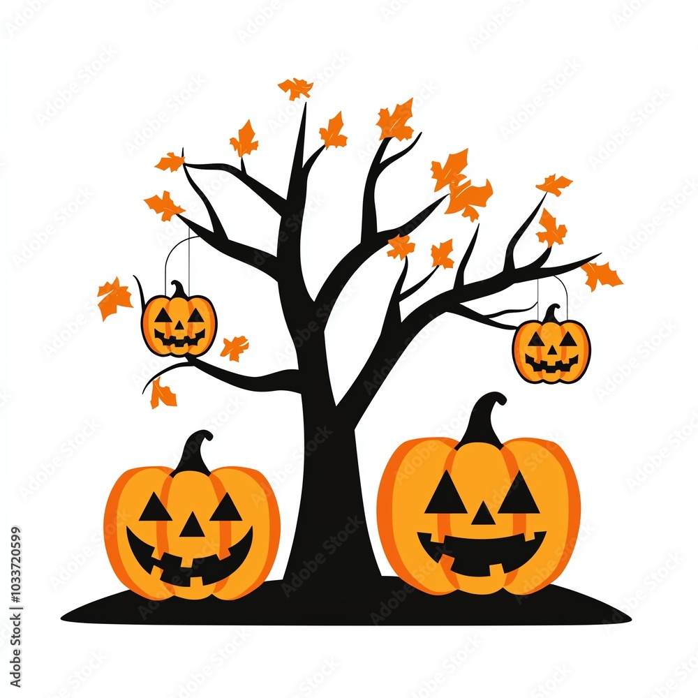 A spooky Halloween scene featuring a bare tree with jack-o'-lanterns hanging and two pumpkins on the ground, evoking a festive autumn atmosphere. A spooky Halloween scene featuring a bare tree with jack-o'-lanterns hanging and two pumpkins on the ground, evoking a festive autumn atmosphere.