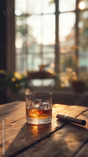 A glass with whiskey and a cigar next to it on a beautiful wooden table with a beautiful background