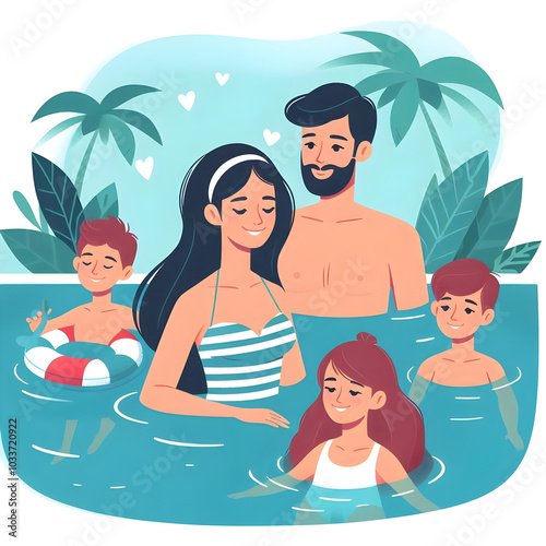 Happy family relaxing and having fun on summer vacation at tropical resort