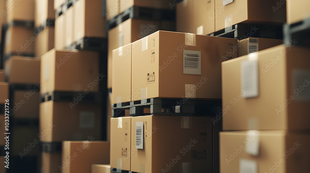 Stacked cardboard boxes in a warehouse, representing logistics and inventory -