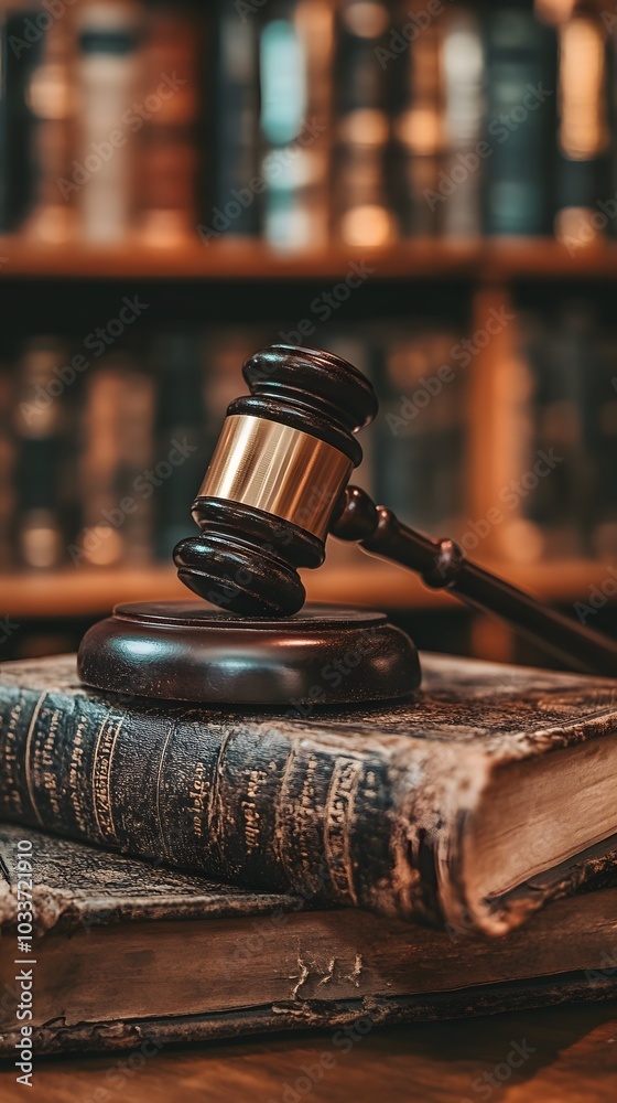 A wooden gavel and book on top of an old, worn-out law book on the table A wooden gavel and book on top of an old, worn-out law book on the table