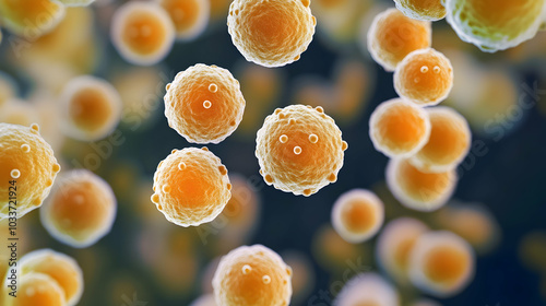 Staphylococcus aureus, a group of spherical bacteria, observed under microscopic magnification.