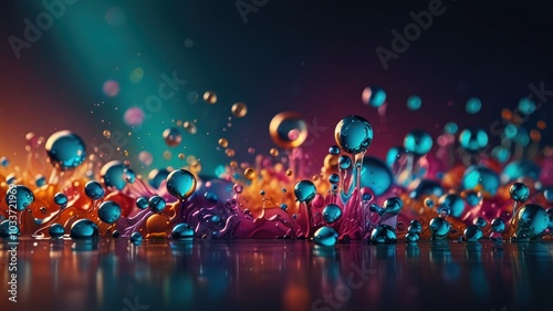 Colorful liquid droplets and splashes form abstract shapes with a dark background.