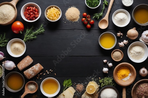 Wallpaper Mural Flat lay of fresh ingredients on black table ready to cook Torontodigital.ca
