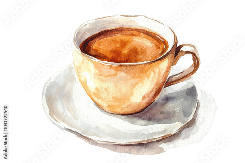 Artistic watercolor illustration of a coffee cup with saucer, perfect for cafe themes and breakfast concepts. Vibrant and inviting design.