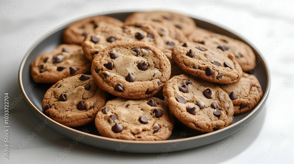 Tempting plate of chocolate chip cookies arranged in a delicious display - Tempting plate of chocolate chip cookies arranged in a delicious display -