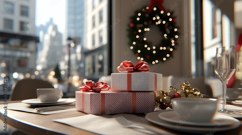 A festive table setting with wrapped gifts, a wreath, and a city view.  Perfect for holiday marketing or greeting cards.