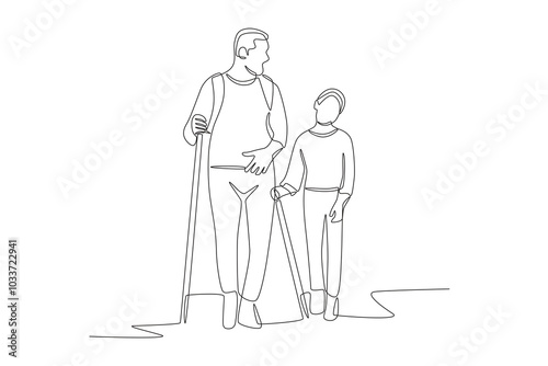 Father and son going hiking. Hiking with families concept one-line drawing