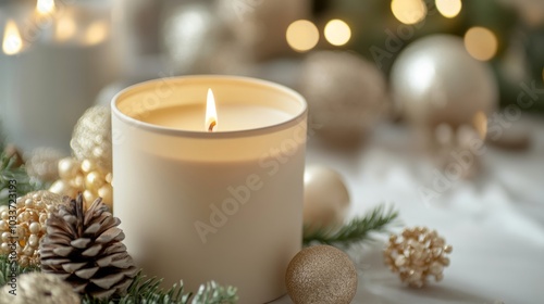 Burning scented candle with beautiful decorations, close view. Beige colors