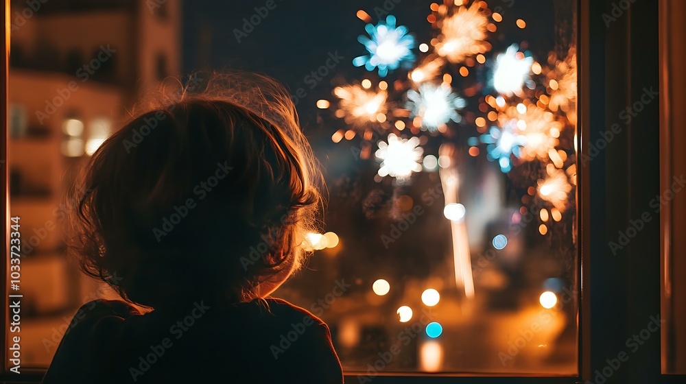 A child looking out a window at fireworks celebrating New Year 2025 with colorful sparks in the sky A child looking out a window at fireworks celebrating New Year 2025 with colorful sparks in the sky