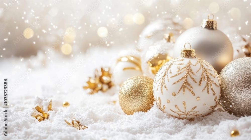 Christmas white and gold baubles and decorations. Holidays background Christmas white and gold baubles and decorations. Holidays background