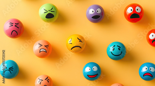 Emotion balls with diverse expressions such as laughing, crying, and shocked, displayed on a light background in a scattered pattern --chaos