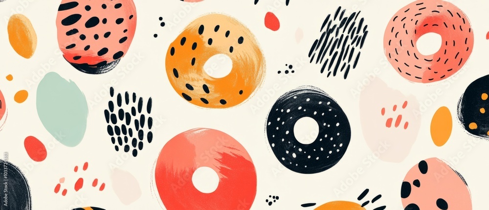 Colorful donut pattern on a light background showcasing various designs and shapes with playful, whimsical elements Colorful donut pattern on a light background showcasing various designs and shapes with playful, whimsical elements