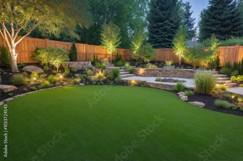 Beautifully landscaped backyard with stone patio and fence