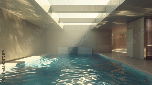 Wallpaper Mural Luxurious indoor swimming pool with a sleek, modern design and sunlight pouring in through large glass panels Torontodigital.ca