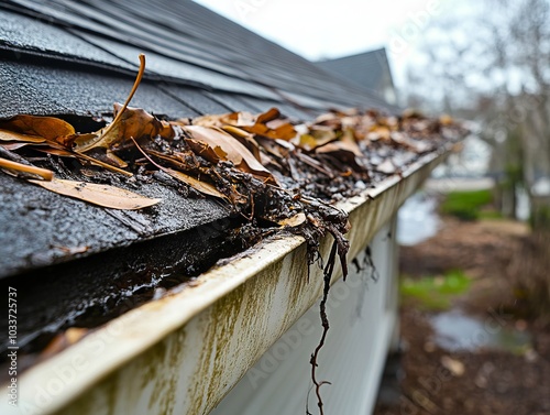 A gutter with leaves on the side of a house photo