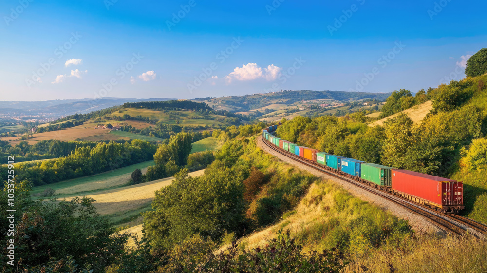 Freight train loaded with colorful shipping containers, moving along the railway track in a rural landscape under a clear blue sky --chaos Freight train loaded with colorful shipping containers, moving along the railway track in a rural landscape under a clear blue sky --chaos