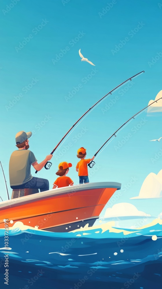 Obraz premium Family fishing on commercial boat in ocean cartoon. Fisherman, children and father in learning process with rod equipment. Seascape with ship for banner graphic backdrop. Nautical adventure concept