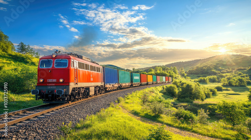 Freight train loaded with colorful shipping containers, moving along the railway track in a rural landscape under a clear blue sky --chaos