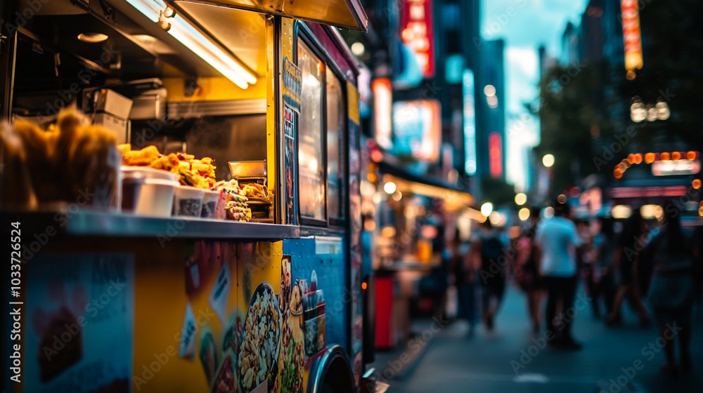 Busy street food vendor at dusk in a vibrant city atmosphere offering various snacks Busy street food vendor at dusk in a vibrant city atmosphere offering various snacks