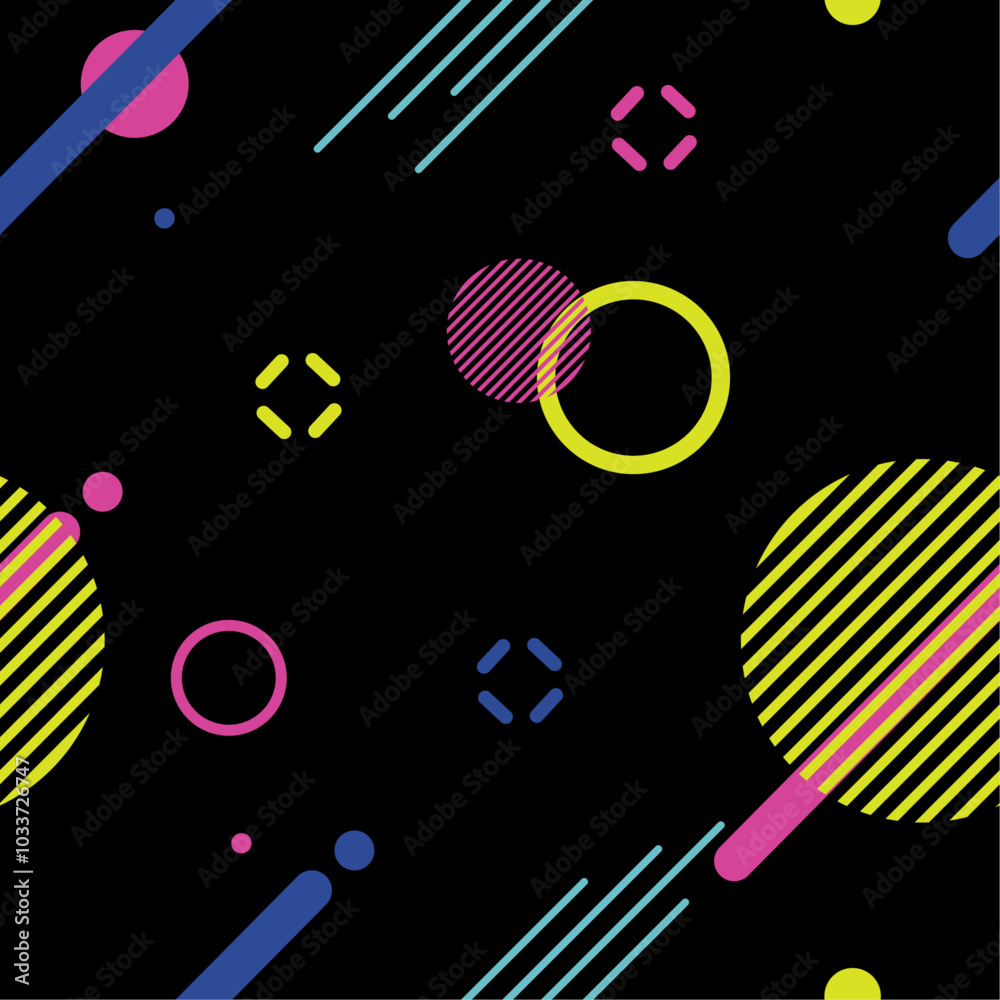 Patrón retro sin costuras con diseño de los años 80. Diseño gráfico azul oscuro con elementos amarillos, cian y rosas.