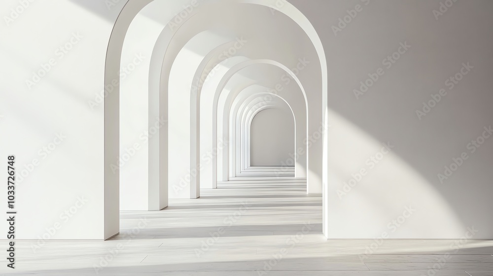 Obraz premium A long, narrow hallway lined with white arches.
