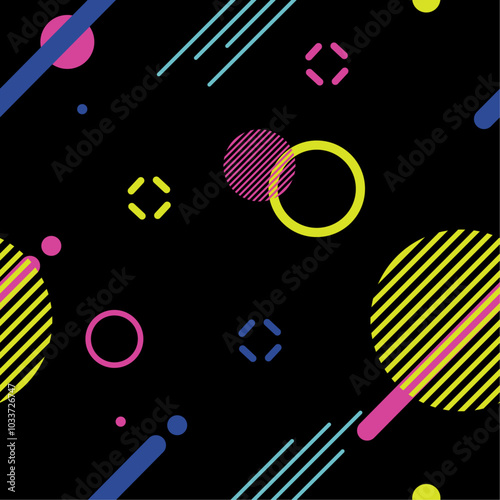 Obraz na płótnie Patrón retro sin costuras con diseño de los años 80. Diseño gráfico azul oscuro con elementos amarillos, cian y rosas. w salonie