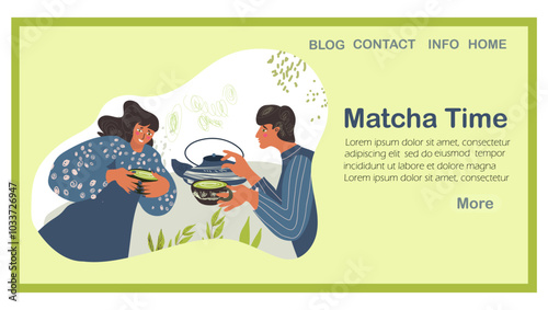 Landing page Matcha Time, tea, coffee, hand drawn vector illustration, web design, website, background, vector, design. Vector hand drawn art.