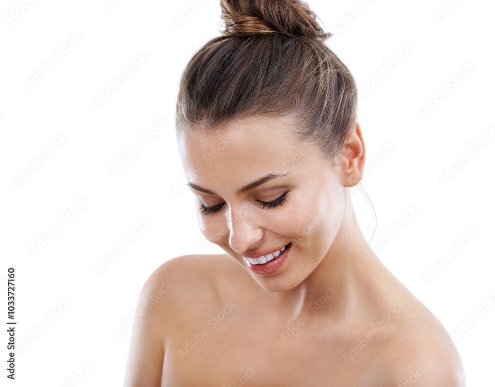 Happy, woman and thinking with skincare in studio for beauty, body dermatology and treatment wellness. Smile, girl and cosmetics of aesthetic, transformation shine and self care on white background Happy, woman and thinking with skincare in studio for beauty, body dermatology and treatment wellness. Smile, girl and cosmetics of aesthetic, transformation shine and self care on white background