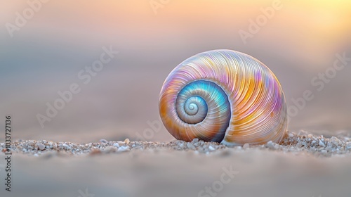 Colorful spiral shell on sandy beach, soft focus background
