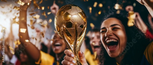 Group of people holding a gold trophy, cheering for their favorite team photo