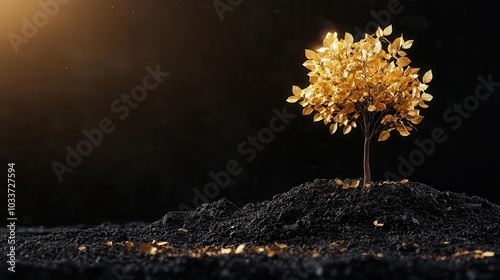 Growing tree with golden leaves, symbolizing gradual DCA investments, futuristic landscape, financial stability photo