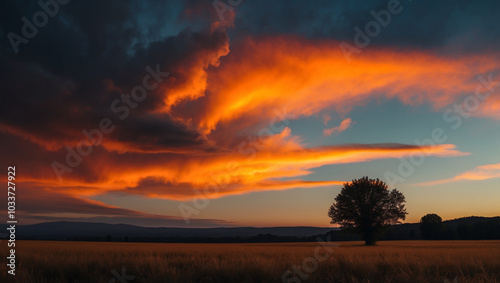 Dramatic sunset over a vast field. A solitary tree stands silhouetted against the fiery sky, its branches reaching towards the vibrant clouds