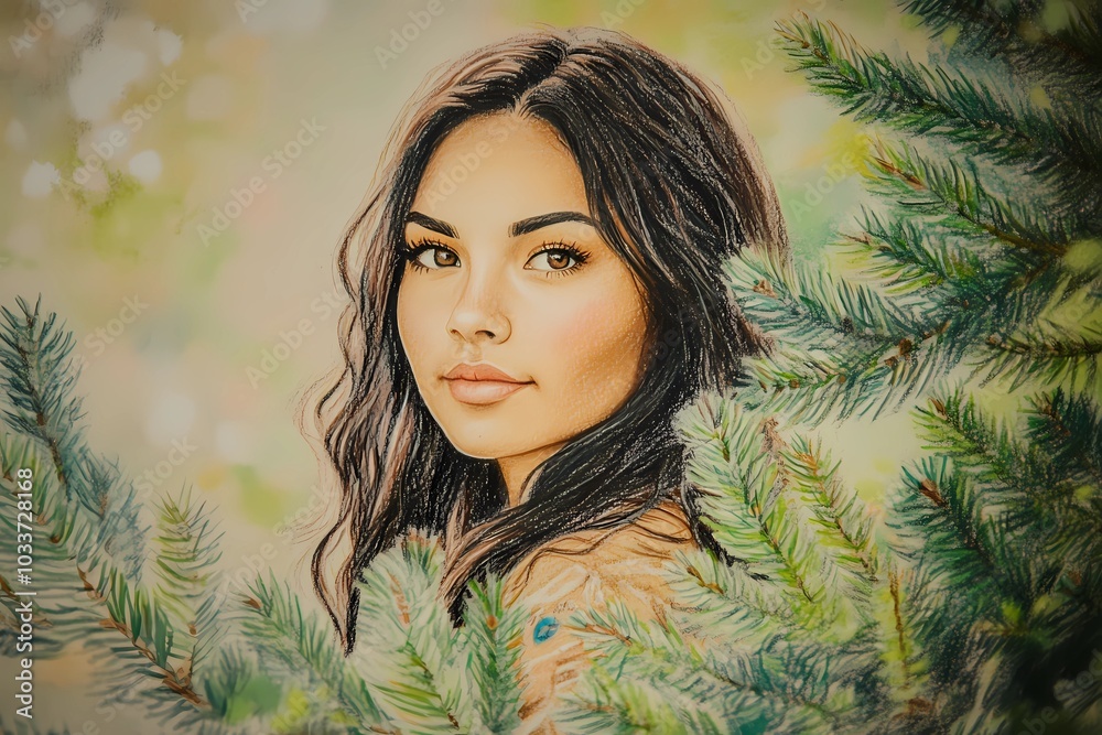 Young Native American woman dressed in traditional attire, with tribal symbols and jewelry, embodying cultural strength and pride.