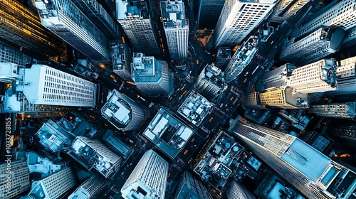 An aerial view of a financial district with tall office buildings and stock exchange headquarters photo