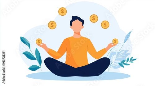 Person meditating with coins levitating around, representing calm, regular investments through DCA, serene illustration