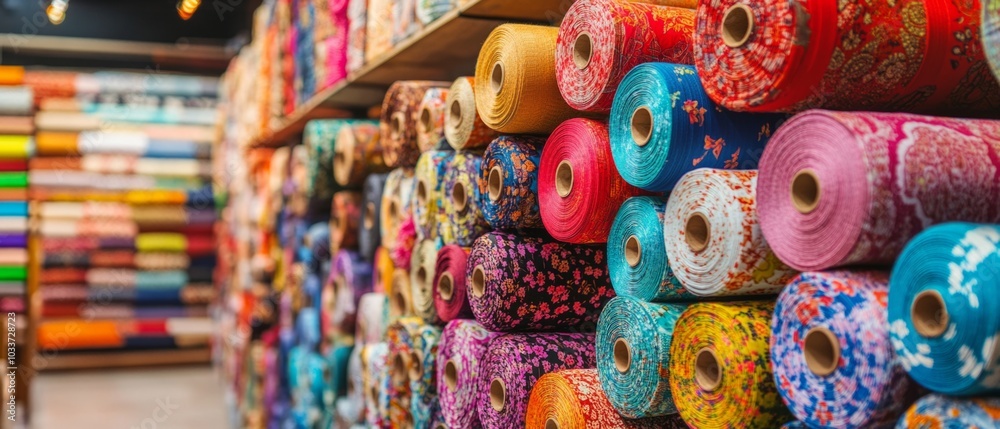 Many vibrant fabric rolls in store