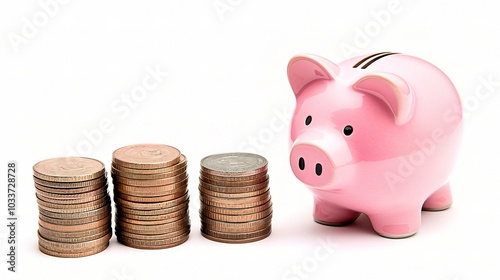 Pink Piggy Bank Next to Stacks of Coins