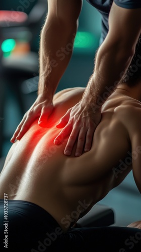 Therapist giving deep tissue massage on muscular male back with red pain point, recovery concept