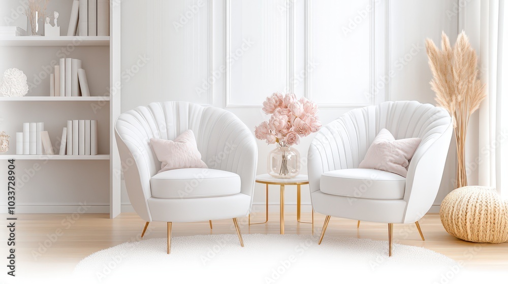 Fototapeta premium Bright and inviting podcast studio with midcentury modern design, featuring white chairs and elegant decor for intimate conversations