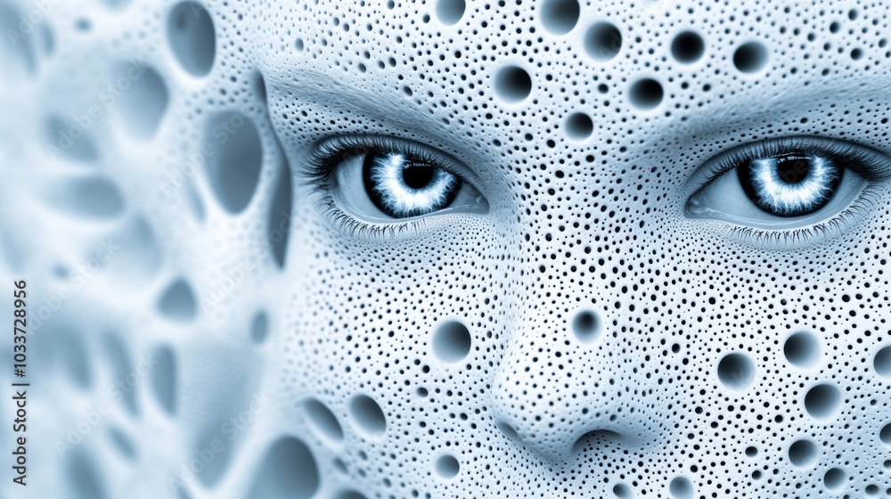 Surreal face with intricate porous texture and piercing blue eyes, AI Surreal face with intricate porous texture and piercing blue eyes, AI