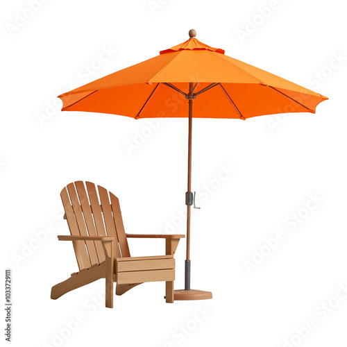 Adirondack chair with an orange umbrella, perfect for relaxing outdoors.