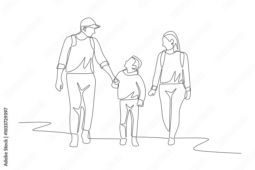 Family going hiking. Hiking with families concept one-line drawing Family going hiking. Hiking with families concept one-line drawing