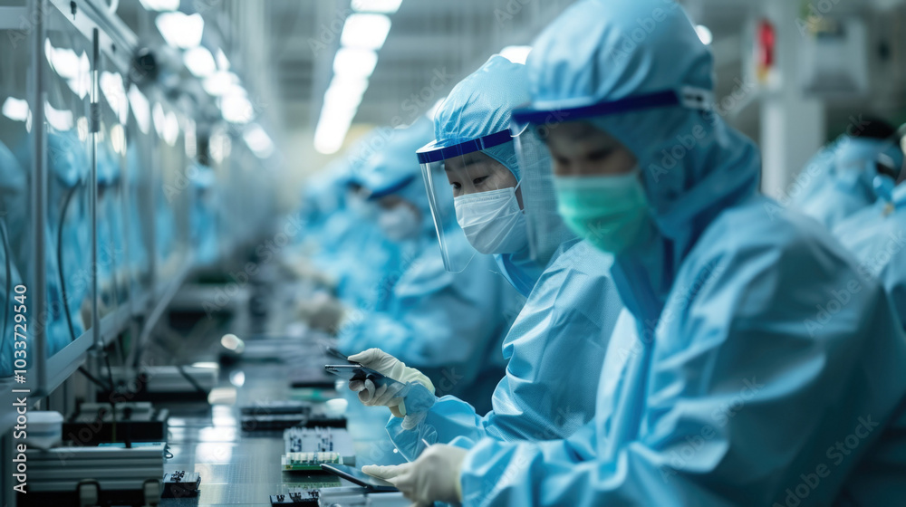 Operator in white clean suit, a cap and a mask at an electronic assembly line soldering copper wire to a circuit board with solder iron and smoke Operator in white clean suit, a cap and a mask at an electronic assembly line soldering copper wire to a circuit board with solder iron and smoke
