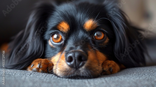 A black and brown dog adorned with glitter on its face is intently looking at the camera while capturing everyones attention with its gaze