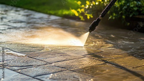 High-pressure washer being used to clean a stone floor, water spray lifting off built-up grime and revealing a bright, clean surface --chaos