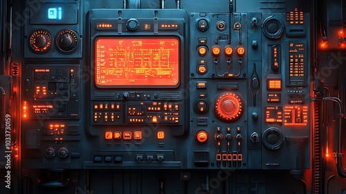 A futuristic control panel with glowing red lights and buttons, a screen displaying data, and a large knob in the center.