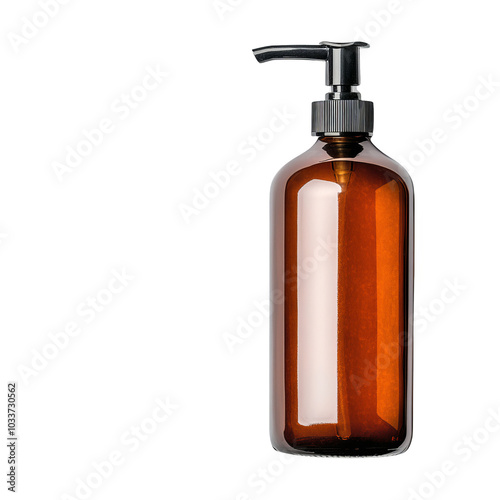 Amber glass pump bottle, isolated on white background.